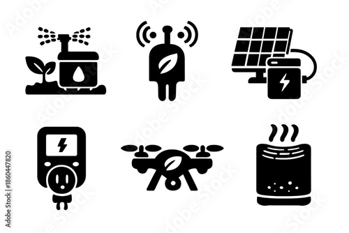 Eco-Tech Gadget Icons. Solid vector icons of eco-tech gadgets: smart irrigation, sensor, solar charger, energy meter, eco-drone,