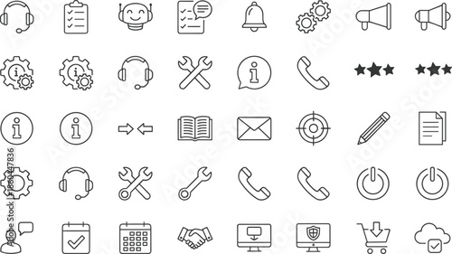 Set of professional customer support and technical service line icons featuring headsets, help desk tools, maintenance wrenches, chatbots, and communication symbols for business apps.