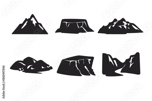 Mountain Terrain Icons. Solid vector icons of mountains and terrain: triangle peak, plateau, ridge, hill, cliff, valley No text,