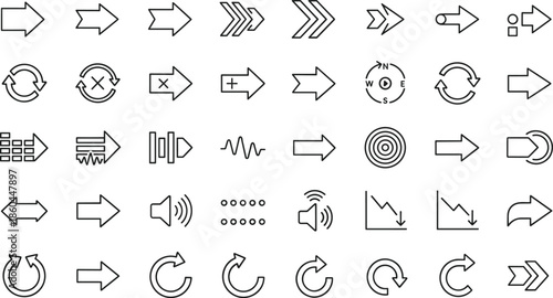 Professional arrow line icon set featuring navigation pointers, direction symbols, play buttons, refresh cycles, interface indicators, and geometric cursors for web and mobile apps.