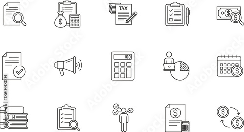 Professional business accounting and tax line icon set featuring financial calculators, tax forms, money bags, currency exchange, audit checklists, and corporate office symbols.