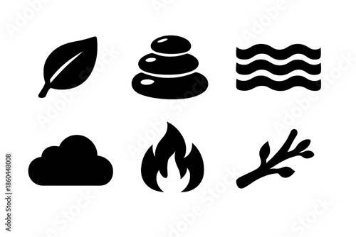 Natural Elements Icons. Solid vector icons of natural elements: leaf, stone, water, cloud, flame, branch No text, No labels,