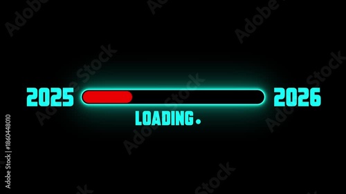 Neon New year 2026 loading bar animation on black background. Glowing Loading bar from 2025 to 2026 motion graphics. Loading Bar Progress From 4k video footage.