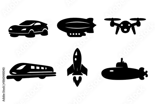 Futuristic Vehicle Icons. Solid vector icons of futuristic vehicles: hovercar, airship, drone, monorail, spaceship, submarine No