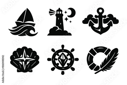 Nautical Icon Set. Solid style icons of Nautical Adventures: sailboat wave, lighthouse moon, anchor cloud, compass shell, ship