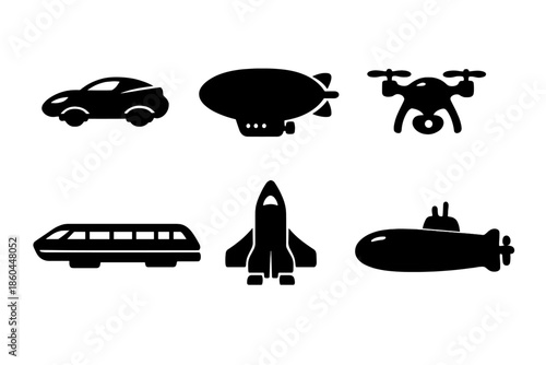 Futuristic Vehicle Icons. Solid vector icons of futuristic vehicles: hovercar, airship, drone, monorail, spaceship, submarine No
