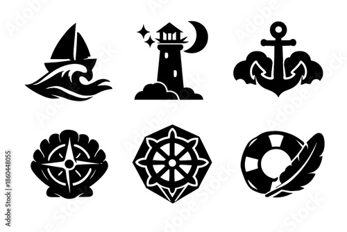 Nautical Icon Set. Solid style icons of Nautical Adventures: sailboat wave, lighthouse moon, anchor cloud, compass shell, ship