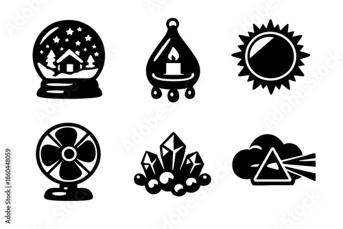 Weather-Themed Icons. Solid style icons of Weather + Objects: snow globe, raindrop lantern, sun mirror, wind fan, hail crystal,