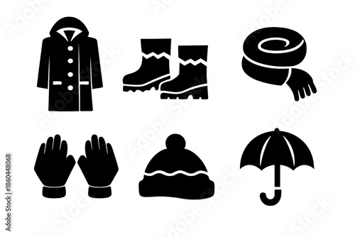 Stylized Outerwear Icons. Solid style icons of Outerwear Geometry: raincoat rectangle, boots zigzag, scarf spiral, gloves diamond,
