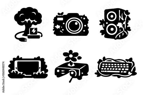 Eco-Tech Device Icons. Solid style icons of Eco-Tech Devices: tree charger, moss camera, ivy speaker, shrub tablet, flower