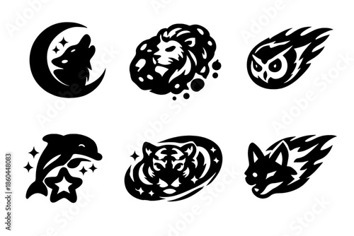 Astral Animal Icons. Solid style icons of Astral Wildlife: wolf moon, lion asteroid, owl comet, dolphin star, tiger galaxy, fox
