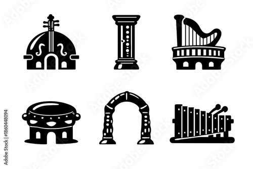 Harmonic Iconic Architecture. Solid style icons of Harmonic Buildings: cello dome, flute pillar, harp balcony, tambourine roof,