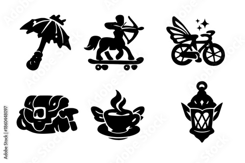 Everyday Magic Icons. Solid style icons of Everyday Magic: troll umbrella, centaur skateboard, fairy bicycle, dwarf satchel,