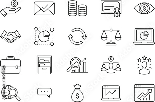 Professional business and finance line icon set featuring investment coins, financial analytics charts, legal scales, briefcase, partnership handshakes and corporate strategy symbols.