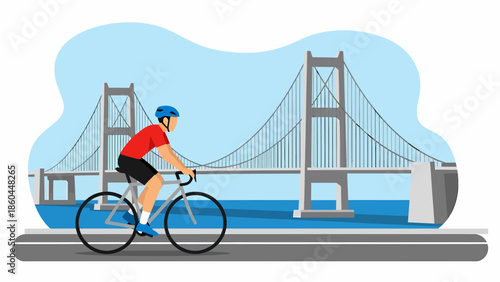 Cyclist Riding on Bridge with Large Suspension Bridge View