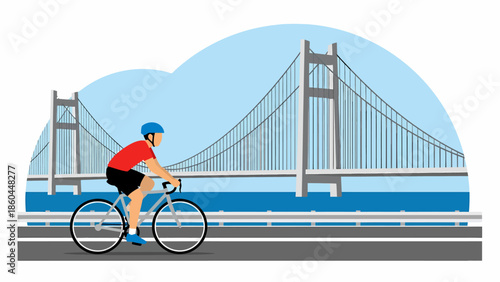 Male Athlete Cycling on Coastal Highway with Bridge Background