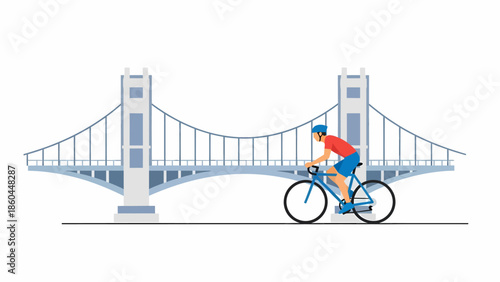 Minimalist Illustration of Cyclist Crossing Suspension Bridge