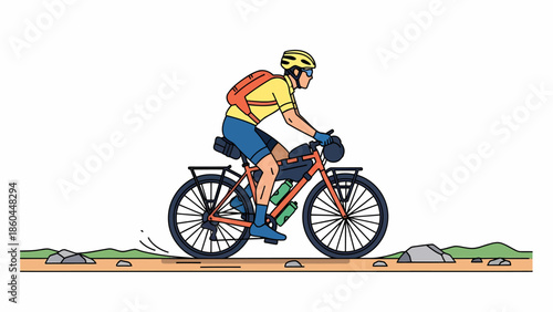 Adventure Cyclist Touring on Wilderness Path with Full Gear