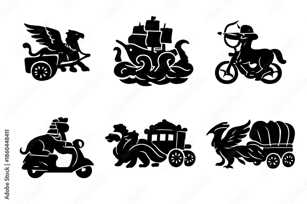 Naklejka premium Mythical Transport Icons. Solid style icons of Mythical Transport: chariot griffin, ship kraken, bike centaur, scooter sphinx,