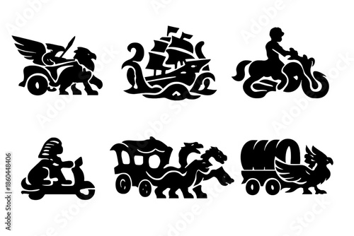 Mythical Transport Icons. Solid style icons of Mythical Transport: chariot griffin, ship kraken, bike centaur, scooter sphinx,