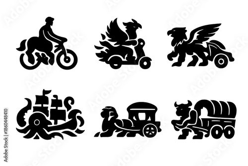 Mythical Transportation Icons. Solid style icons of Mythical Commuting: centaur bike, phoenix scooter, griffin chariot, kraken