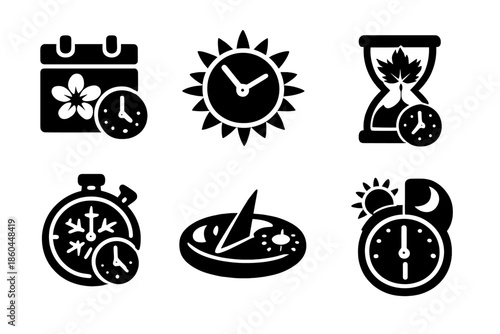 Seasonal Time Icons. Solid style icons of Seasonal Time: spring calendar, summer sun clock, autumn leaf hourglass, winter snow