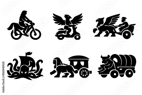 Mythical Transportation Icons. Solid style icons of Mythical Commuting: centaur bike, phoenix scooter, griffin chariot, kraken