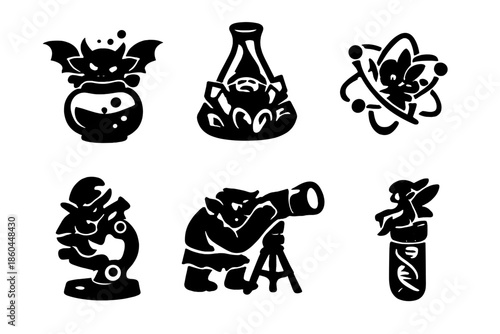 Fantasy Research Tool Icons. Solid style icons of Fantasy Research Tools: potion flask imp, crystal beaker gnome, atom orb sprite,