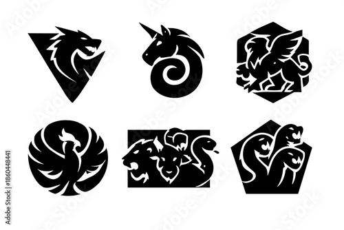 Mythical Animal Icons. Solid style icons of Mythical Animals: triangle dragon, spiral unicorn, hexagon griffin, circle phoenix,