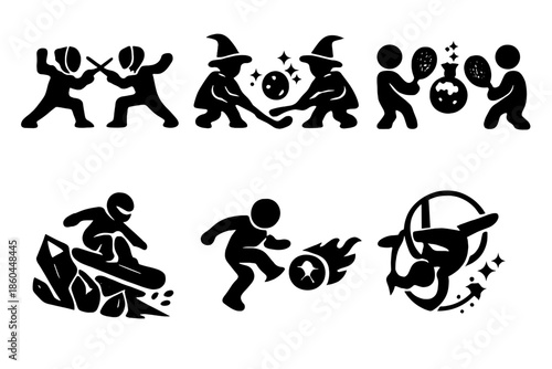 Enchanted Sports Icons. Solid style icons of Enchanted Competitions: sword fencing, spell hockey, potion tennis, crystal