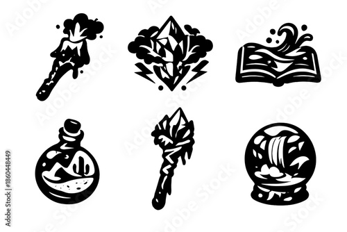 Arcane Element Icons. Solid style icons of Arcane Elements: volcano wand, storm crystal, river spell, desert potion, glacier staff