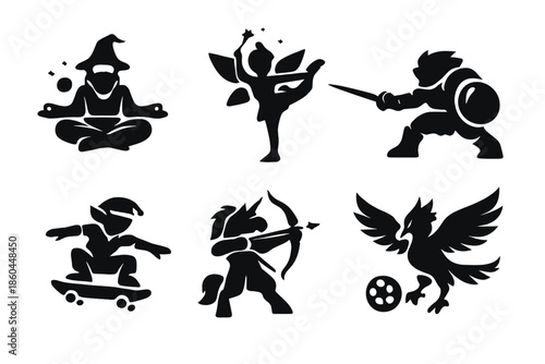 Magical Training Icons. Solid style icons of Magical Training: wizard yoga, fairy gymnastics, troll fencing, elf skateboarding,