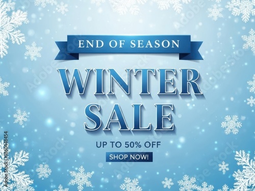 An end of season winter sale advertisement with snowflakes on a blue background and a shop now button