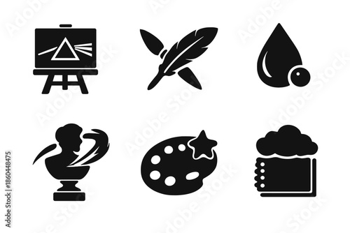 Artistic Icon Set. Solid style icons of Art & Creation: canvas prism, paintbrush feather, ink droplet, sculpture comet, palette