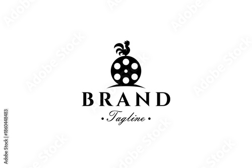 Film roll logo with crowing rooster in vector template design style