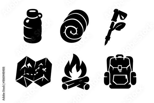 Hiking Essentials Icons. Solid style icons of Hiking Essentials: water bottle pebble, sleeping bag spiral, trekking pole leaf,