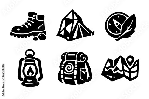 Adventure Gear Icons. Solid style icons of Adventure Gear: hiking boot pebble, tent crystal, compass leaf, lantern flame, backpack