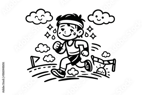 Joyful Marathon Runner. Doodle-style vector icon of a long-distance runner pushing through fatigue, sweat drops as stars, slightly