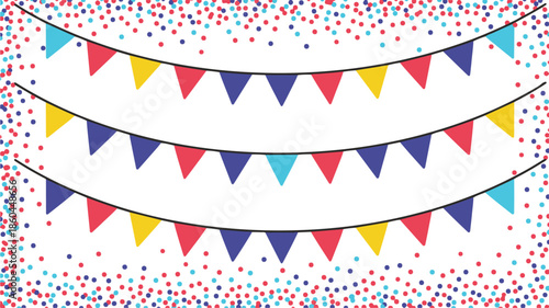 Three rows of colorful bunting flags with red blue and yellow triangles and falling confetti party flags