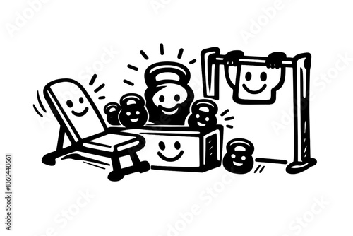 Doodle Fitness Station. Doodle-style vector icon of a multifunctional fitness station showing all three modes hinted together,