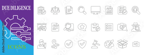 Due diligence and audit line icon set featuring legal compliance, business investigation, risk assessment and verification symbols in editable outline vector style.