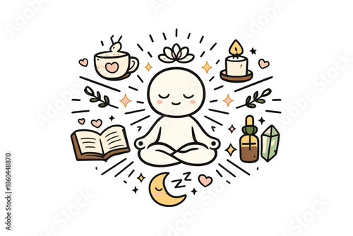 Self-Care Ritual Icon. Doodle-style vector icon of completed self-care reset ritual, balanced central icon radiating calm energy,