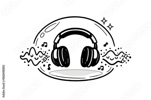 Noise Cancellation Icon. Doodle-style vector icon of active noise cancellation visualized, headphones emitting a soft shield