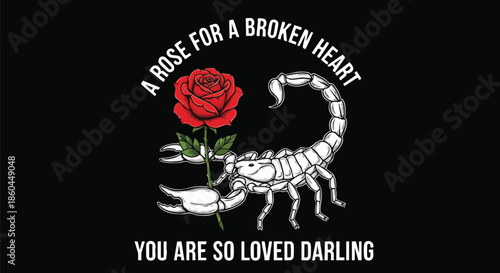 Scorpion Holding Red Rose with Broken Heart Text, Vector Illustration.