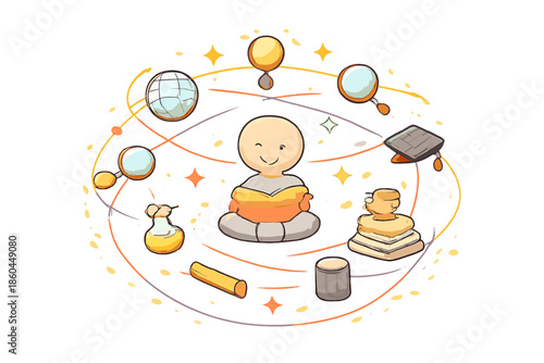 Harmonious Learning Orbit. Doodle-style vector icon of a complete learning orbit system, user perfectly centered with harmonious