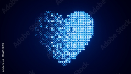 Canvastavla Digital heart shape forming from blue glowing pixels and circles on a dark backg