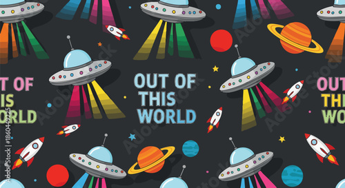 Seamless Cosmic Pattern with Flying Saucers, Rockets, and Planets.