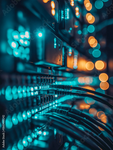 Network server room with glowing lights and fiber optic cables.
