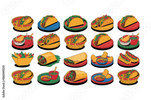 Mexican Fast Food Icons Set. Taco, Burrito, Nachos, Salsa, Enchiladas, Taco Bowl, and More. Vector Illustration. Editable Stroke.