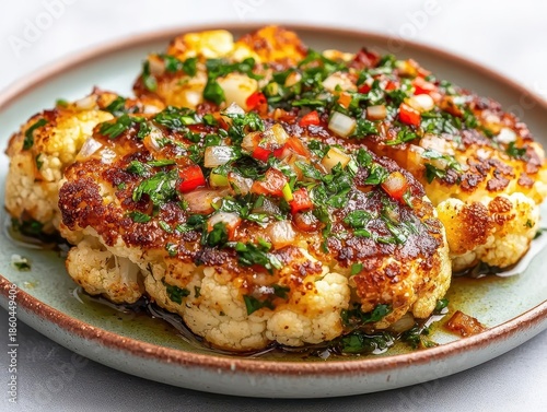 Wallpaper Mural Closeup of roasted cauliflower steak with chimichurri on ceramic plate, gourmet vegan dinner dish Torontodigital.ca